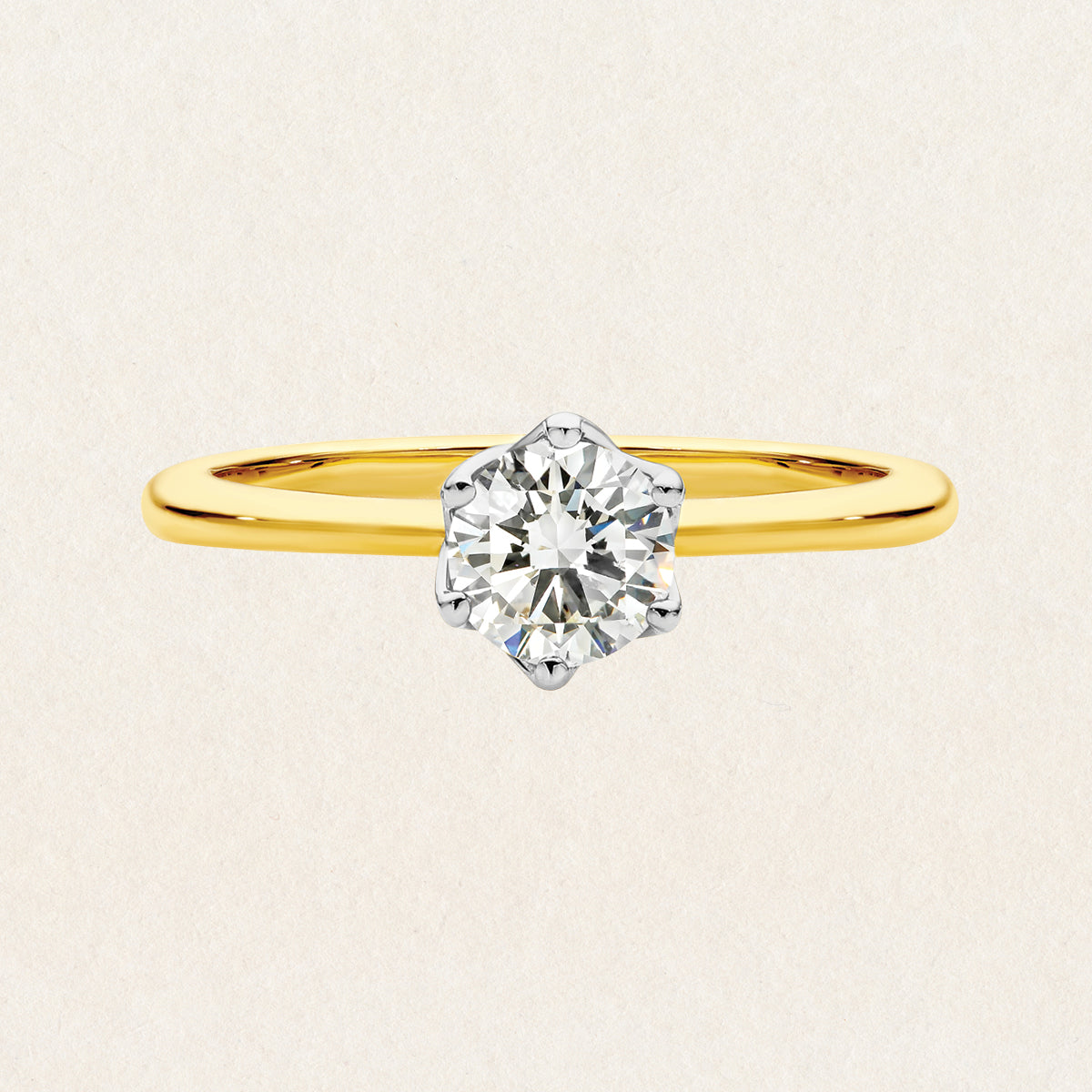 Brilliant round cut 0.75ct lab grown diamond solitaire ring made with 18k yellow and white gold