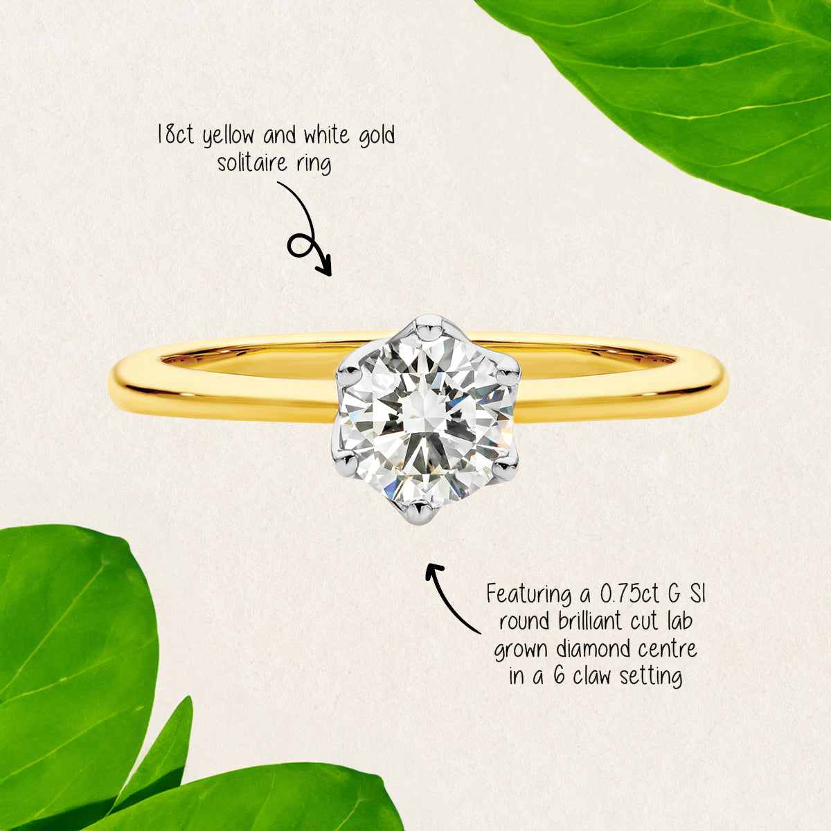 Featuring 0.75ct G SI round brilliant cut lab grown diamond solitaire ring by greenhouse diamonds
