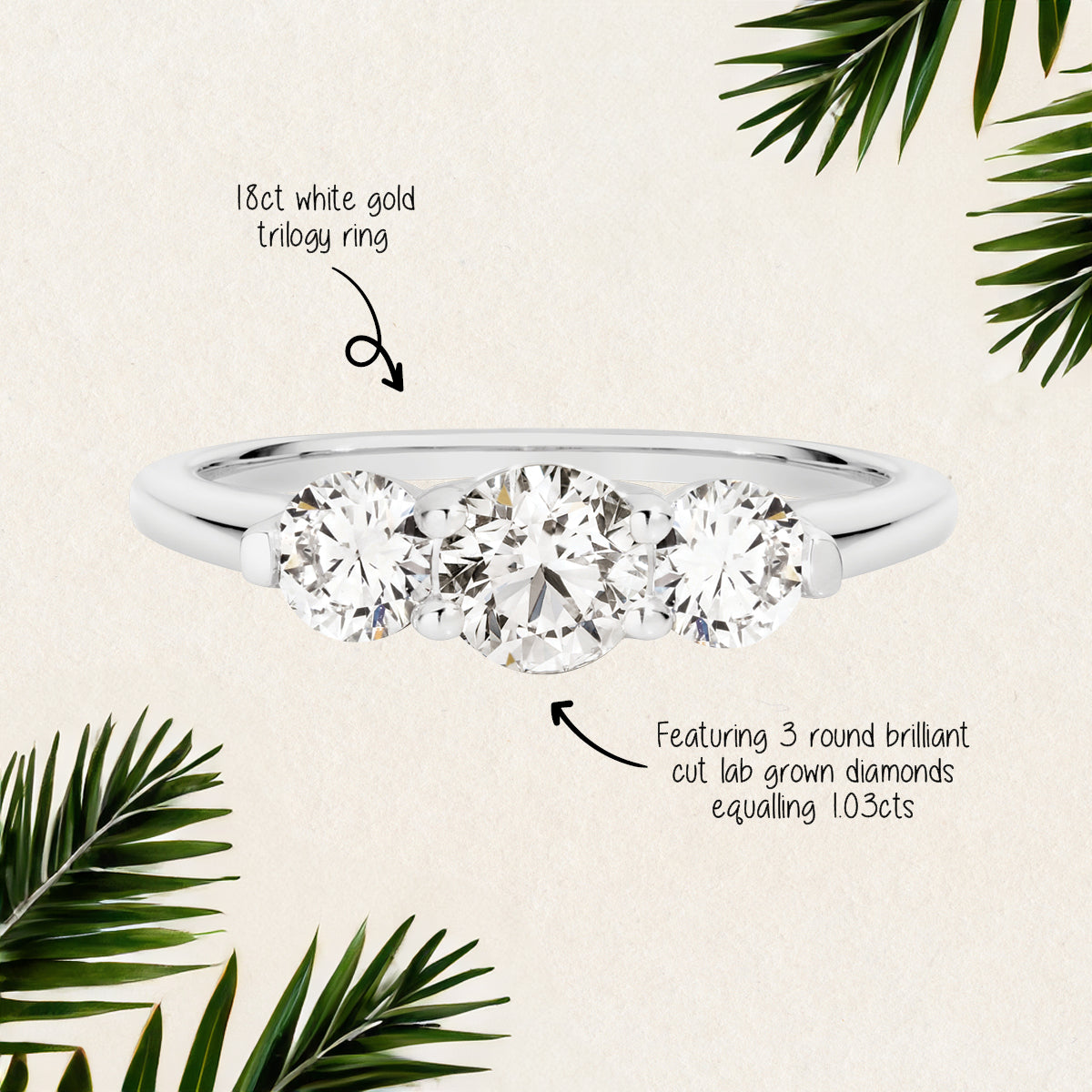 Featuring 1.03ct round cut lab grown diamond trilogy ring by greenhouse diamonds