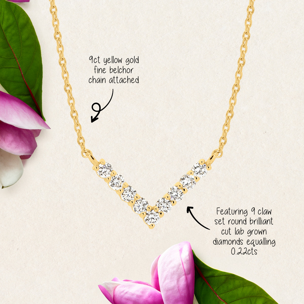 Featuring 0.22ct round cut lab grown diamond V Necklace by greenhouse diamonds