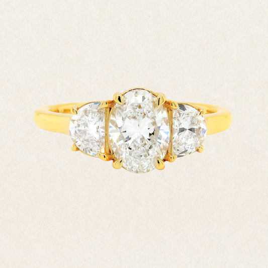 Brilliant oval cut 1.52ct lab grown diamond trilogy ring made with 18k yellow gold