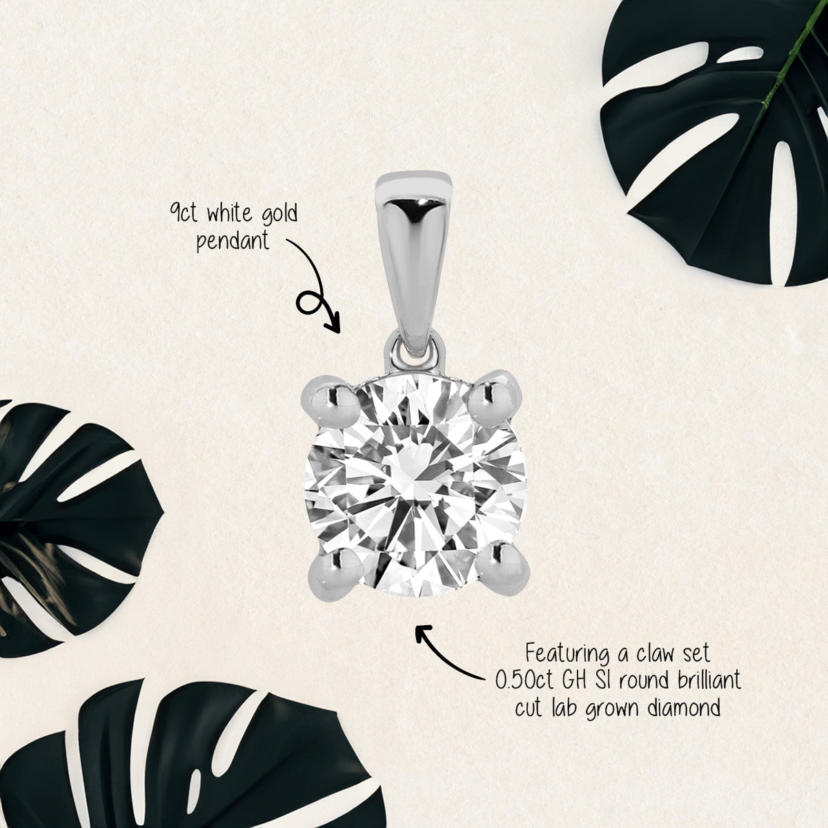 Featuring 0.50ct GH SI round brilliant cut lab grown diamond Claw pendant by greenhouse diamonds