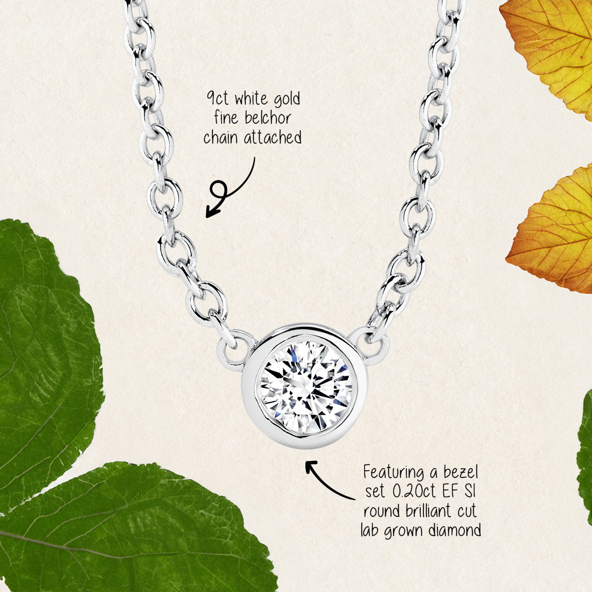 a bezel set 0.20ct EF SI round brilliant cut lab grown diamond necklace by greenhouse diamonds