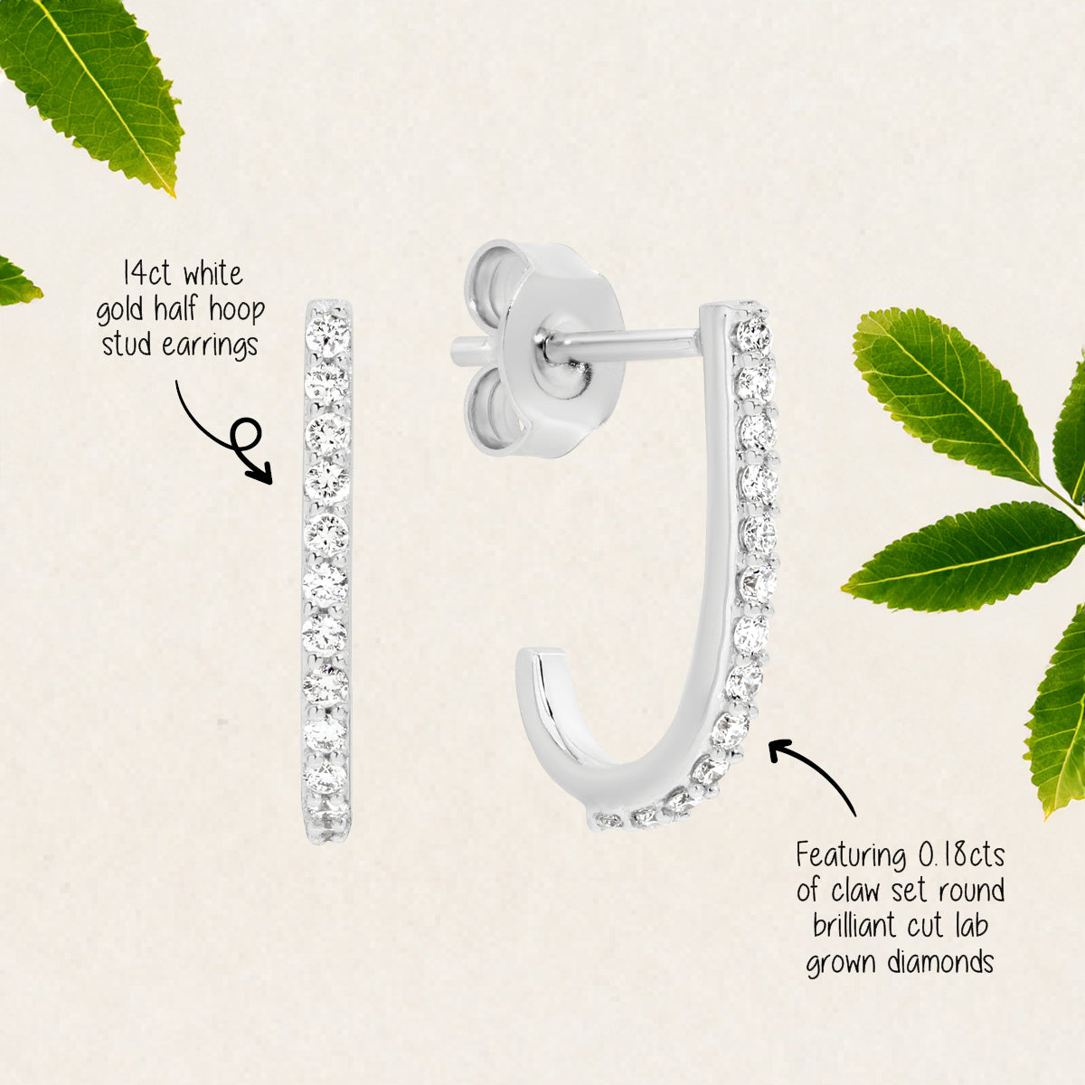 Featuring 0.18ct round cut lab grown diamond Half hoop earrings by greenhouse diamonds