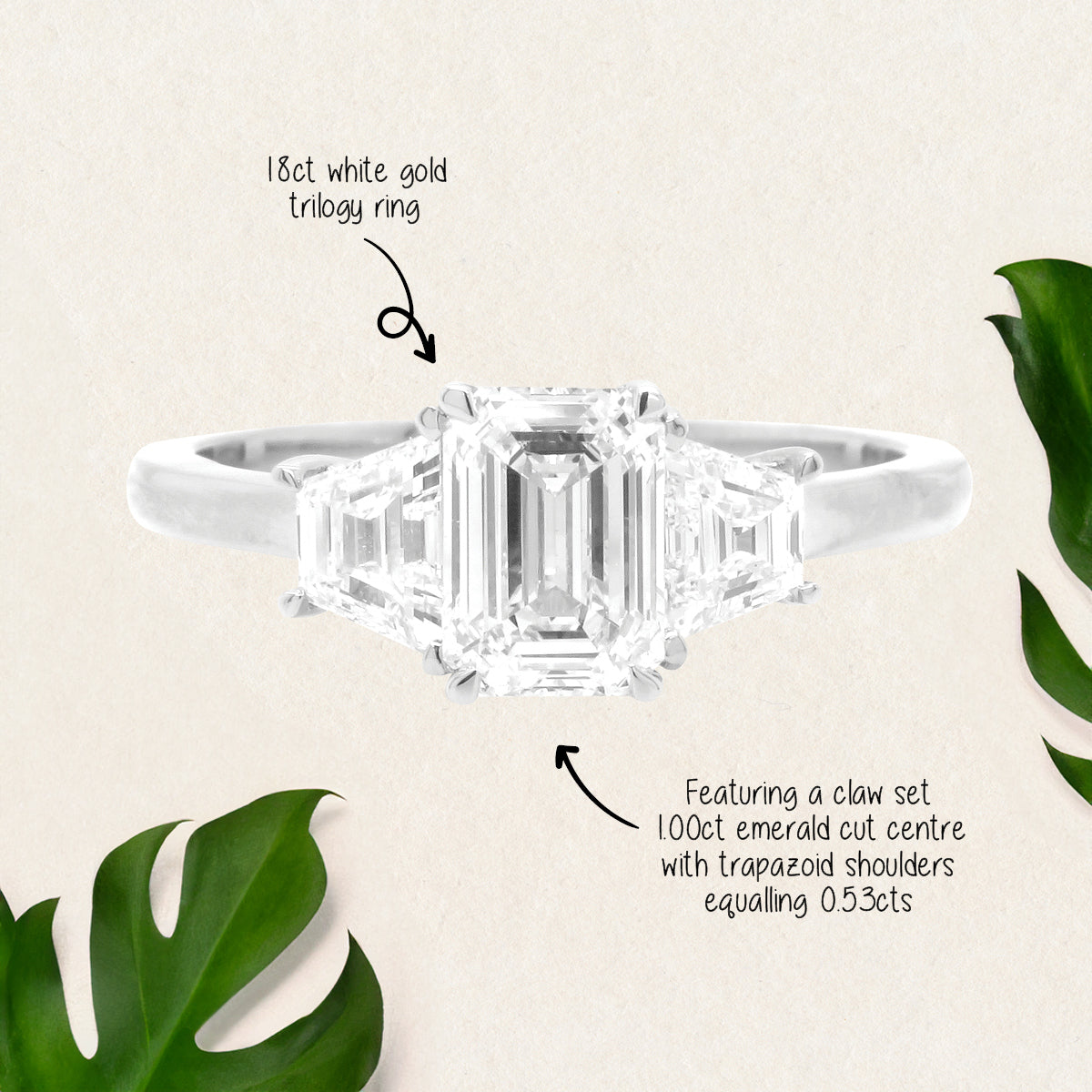 Featuring 0.53ct emerald cut lab grown diamond trilogy ring by greenhouse diamonds