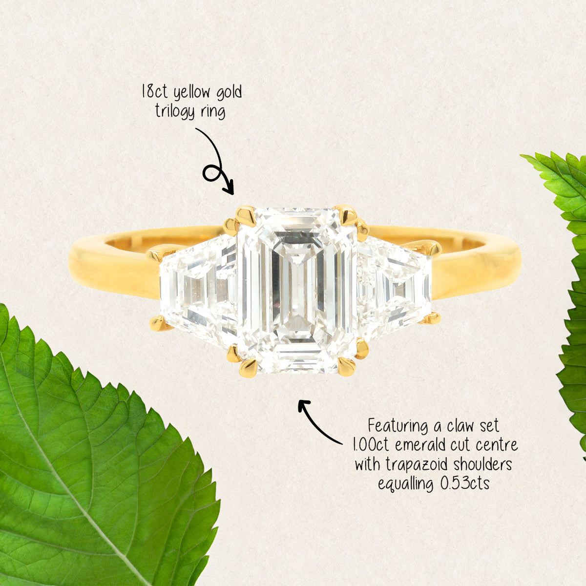 Featuring 1.53ct emerald cut lab grown diamond trilogy ring by greenhouse diamonds